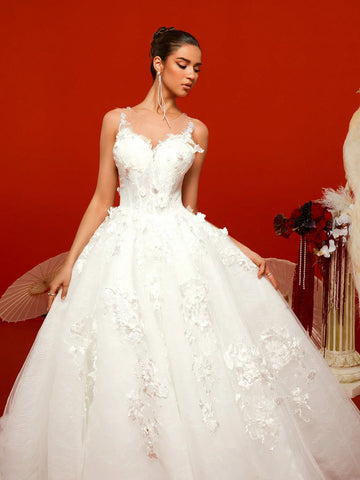 Gorgeous Noble White Sleeveless Elaborate Floral Lace Embroidered Romantic Extra-Large A-Line Maxi Ruffle Bridal Wedding Dresses For Bride