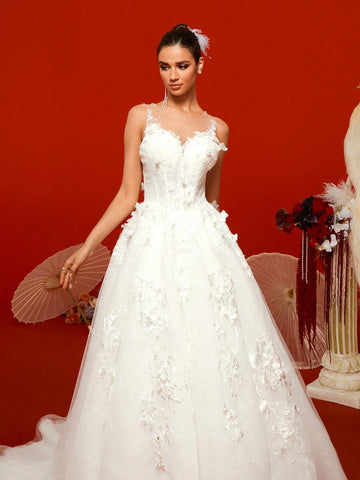 Gorgeous Noble White Sleeveless Elaborate Floral Lace Embroidered Romantic Extra-Large A-Line Maxi Ruffle Bridal Wedding Dresses For Bride