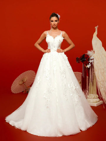 Gorgeous Noble White Sleeveless Elaborate Floral Lace Embroidered Romantic Extra-Large A-Line Maxi Ruffle Bridal Wedding Dresses For Bride