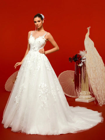 Gorgeous Noble White Sleeveless Elaborate Floral Lace Embroidered Romantic Extra-Large A-Line Maxi Ruffle Bridal Wedding Dresses For Bride