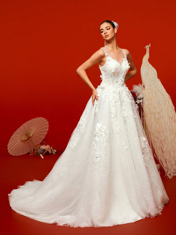 Gorgeous Noble White Sleeveless Elaborate Floral Lace Embroidered Romantic Extra-Large A-Line Maxi Ruffle Bridal Wedding Dresses For Bride