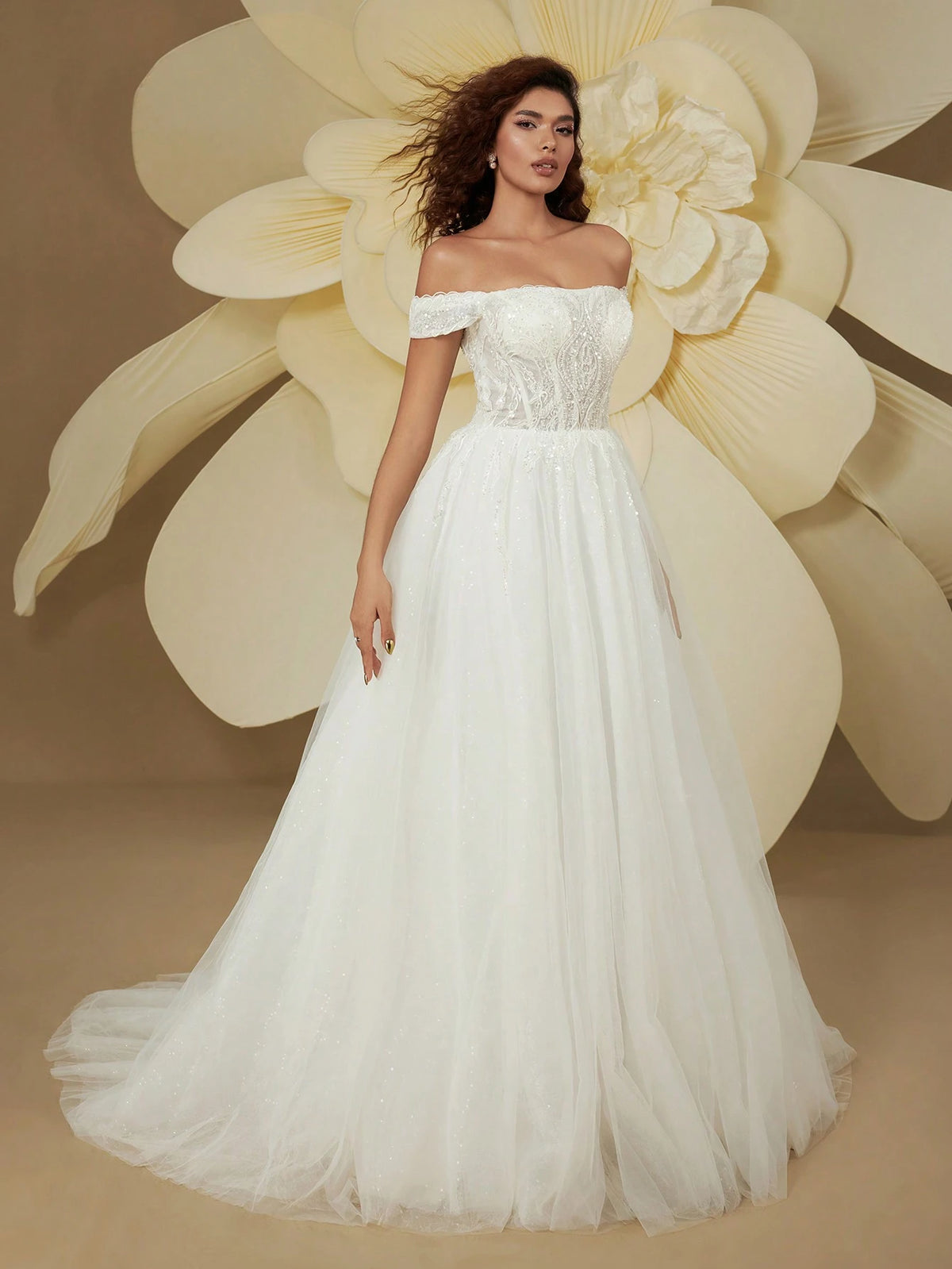 Gorgeous Off-The-Shoulder Sequin Mesh Train Wedding Dress For Bride
