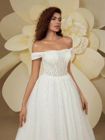 Gorgeous Off-The-Shoulder Sequin Mesh Train Wedding Dress For Bride