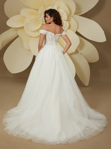 Gorgeous Off-The-Shoulder Sequin Mesh Train Wedding Dress For Bride