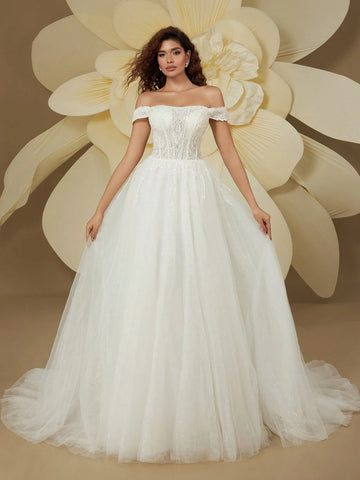 Gorgeous Off-The-Shoulder Sequin Mesh Train Wedding Dress For Bride