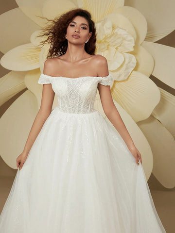 Gorgeous Off-The-Shoulder Sequin Mesh Train Wedding Dress For Bride