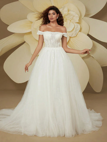 Gorgeous Off-The-Shoulder Sequin Mesh Train Wedding Dress For Bride