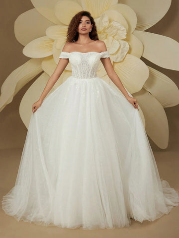 Gorgeous Off-The-Shoulder Sequin Mesh Train Wedding Dress For Bride