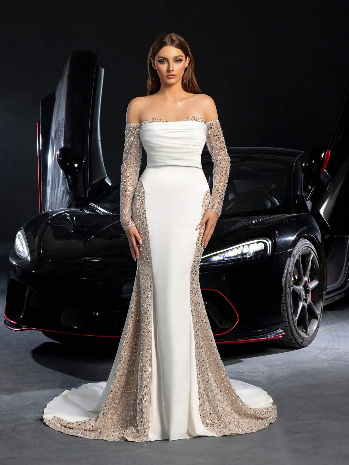 Gorgeous Off Shoulder Sequin Insert Satin Mermaid Hem Wedding Dress