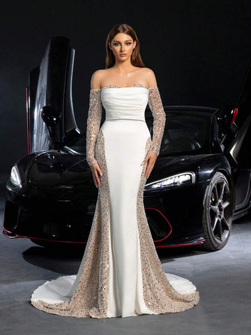 Gorgeous Off Shoulder Sequin Insert Satin Mermaid Hem Wedding Dress