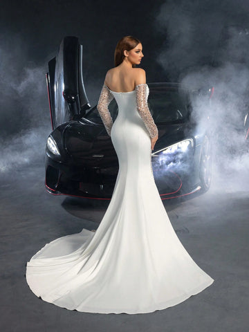 Gorgeous Off Shoulder Sequin Insert Satin Mermaid Hem Wedding Dress