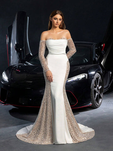 Gorgeous Off Shoulder Sequin Insert Satin Mermaid Hem Wedding Dress