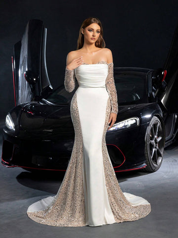 Gorgeous Off Shoulder Sequin Insert Satin Mermaid Hem Wedding Dress