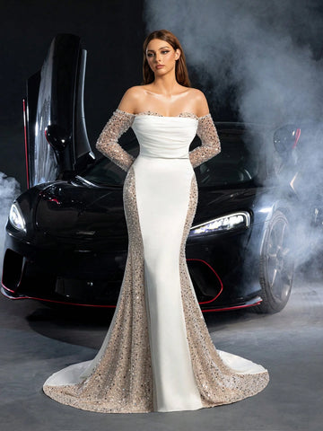 Gorgeous Off Shoulder Sequin Insert Satin Mermaid Hem Wedding Dress