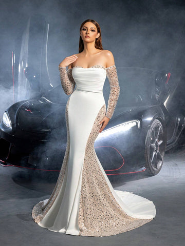 Gorgeous Off Shoulder Sequin Insert Satin Mermaid Hem Wedding Dress