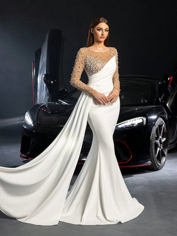 Gorgeous Rhinestone Detail Contrast Mesh Mermaid Hem Wedding Dress