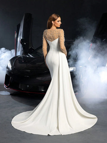 Gorgeous Rhinestone Detail Contrast Mesh Mermaid Hem Wedding Dress