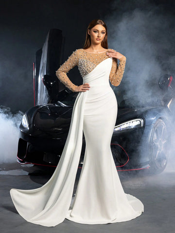 Gorgeous Rhinestone Detail Contrast Mesh Mermaid Hem Wedding Dress