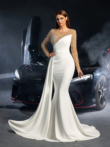 Gorgeous Rhinestone Detail Contrast Mesh Mermaid Hem Wedding Dress