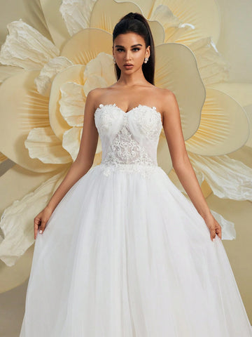 Gorgeous Sleeveless Off-The-Shoulder Solid Color Heavily Beaded Embroidered Puff A-Line Wedding Dress, White Bridal Gown For Formal Occasions