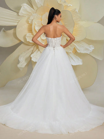 Gorgeous Sleeveless Off-The-Shoulder Solid Color Heavily Beaded Embroidered Puff A-Line Wedding Dress, White Bridal Gown For Formal Occasions