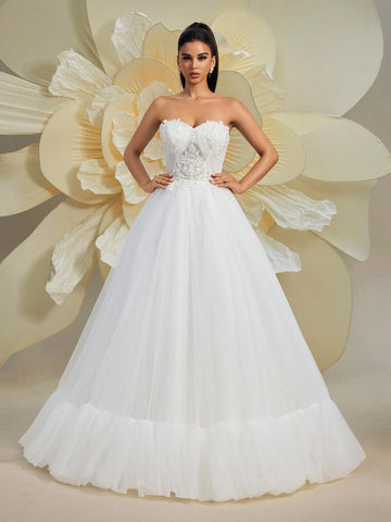 Gorgeous Sleeveless Off-The-Shoulder Solid Color Heavily Beaded Embroidered Puff A-Line Wedding Dress, White Bridal Gown For Formal Occasions