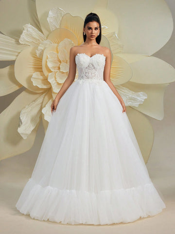 Gorgeous Sleeveless Off-The-Shoulder Solid Color Heavily Beaded Embroidered Puff A-Line Wedding Dress, White Bridal Gown For Formal Occasions