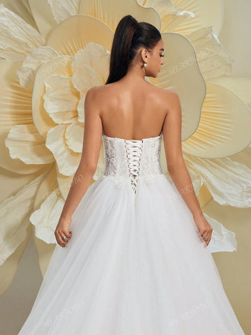 Gorgeous Sleeveless Off-The-Shoulder Solid Color Heavily Beaded Embroidered Puff A-Line Wedding Dress, White Bridal Gown For Formal Occasions