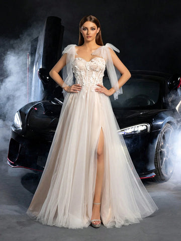 Gorgeous Tie Shoulder Floral Applique Detail Lace Bodice Tulle Wedding Dress, Wedding Event Dress