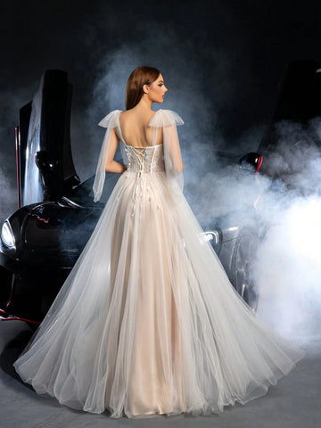Gorgeous Tie Shoulder Floral Applique Detail Lace Bodice Tulle Wedding Dress, Wedding Event Dress