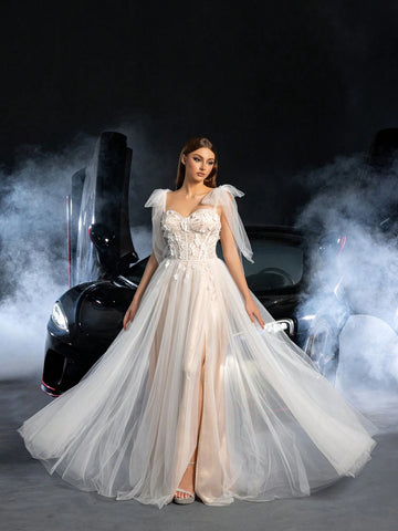 Gorgeous Tie Shoulder Floral Applique Detail Lace Bodice Tulle Wedding Dress, Wedding Event Dress