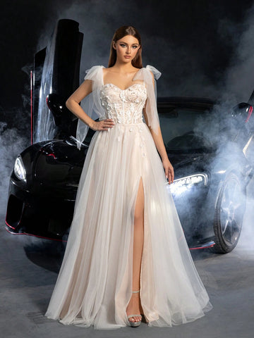 Gorgeous Tie Shoulder Floral Applique Detail Lace Bodice Tulle Wedding Dress, Wedding Event Dress