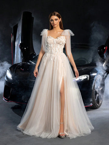 Gorgeous Tie Shoulder Floral Applique Detail Lace Bodice Tulle Wedding Dress, Wedding Event Dress