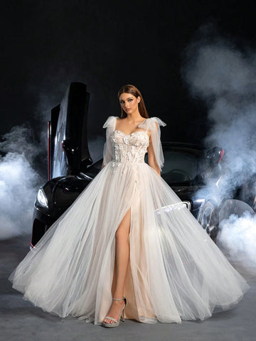 Gorgeous Tie Shoulder Floral Applique Detail Lace Bodice Tulle Wedding Dress, Wedding Event Dress