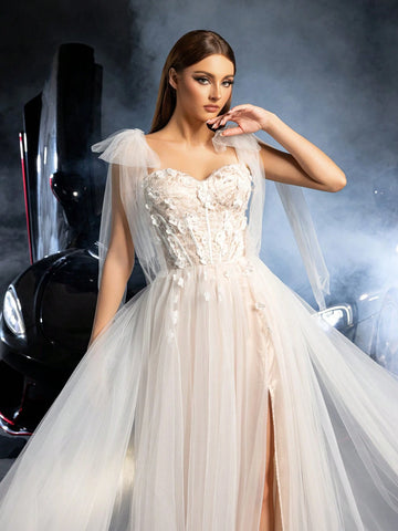 Gorgeous Tie Shoulder Floral Applique Detail Lace Bodice Tulle Wedding Dress, Wedding Event Dress