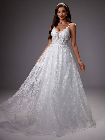 Gorgeous Wedding Dress With Sequin 3d Flower Embroidery And Mesh Spaghetti Straps