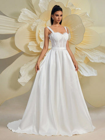 Gorgeous Women's New Lace Patchwork Satin Baroque Victorian Corseted Sleeveless Romantic Puff Skirt Tail Elegant Wedding Dress For Brides