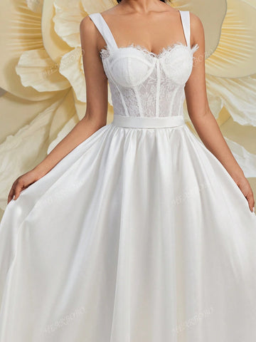 Gorgeous Women's New Lace Patchwork Satin Baroque Victorian Corseted Sleeveless Romantic Puff Skirt Tail Elegant Wedding Dress For Brides