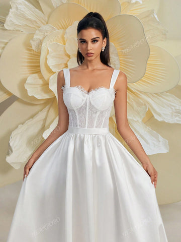 Gorgeous Women's New Lace Patchwork Satin Baroque Victorian Corseted Sleeveless Romantic Puff Skirt Tail Elegant Wedding Dress For Brides