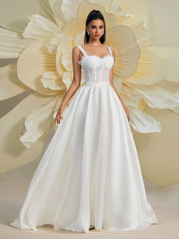 Gorgeous Women's New Lace Patchwork Satin Baroque Victorian Corseted Sleeveless Romantic Puff Skirt Tail Elegant Wedding Dress For Brides