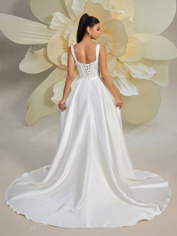 Gorgeous Women's New Lace Patchwork Satin Baroque Victorian Corseted Sleeveless Romantic Puff Skirt Tail Elegant Wedding Dress For Brides