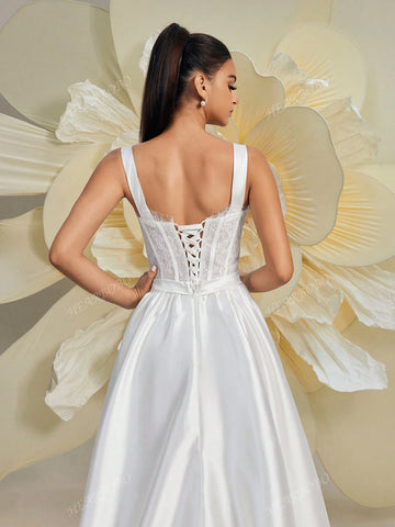 Gorgeous Women's New Lace Patchwork Satin Baroque Victorian Corseted Sleeveless Romantic Puff Skirt Tail Elegant Wedding Dress For Brides