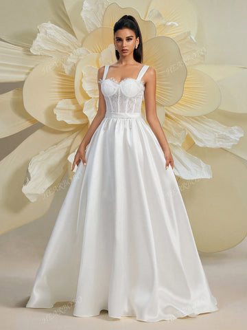 Gorgeous Women's New Lace Patchwork Satin Baroque Victorian Corseted Sleeveless Romantic Puff Skirt Tail Elegant Wedding Dress For Brides