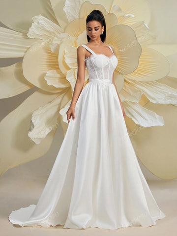 Gorgeous Women's New Lace Patchwork Satin Baroque Victorian Corseted Sleeveless Romantic Puff Skirt Tail Elegant Wedding Dress For Brides