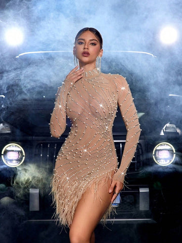 Gorgeous Women's Sexy Feather Glitter Diamond Pearl Bodycon Party Prom Dress