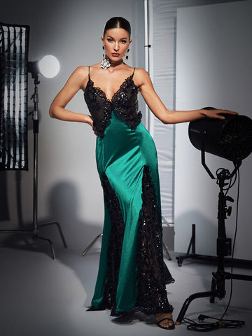 Gossamer Patchwork Lace Sequin Satin Dress In Green