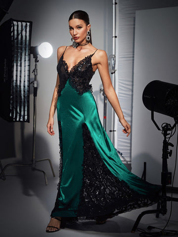 Gossamer Patchwork Lace Sequin Satin Dress In Green