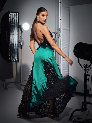 Gossamer Patchwork Lace Sequin Satin Dress In Green