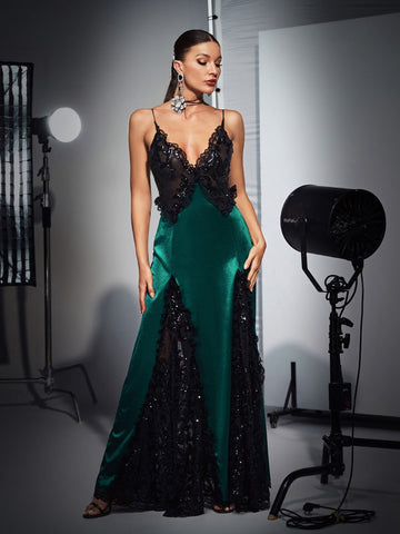 Gossamer Patchwork Lace Sequin Satin Dress In Green