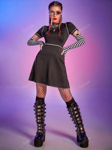 Gothic Black And White Contrast Striped Sleeve Dress